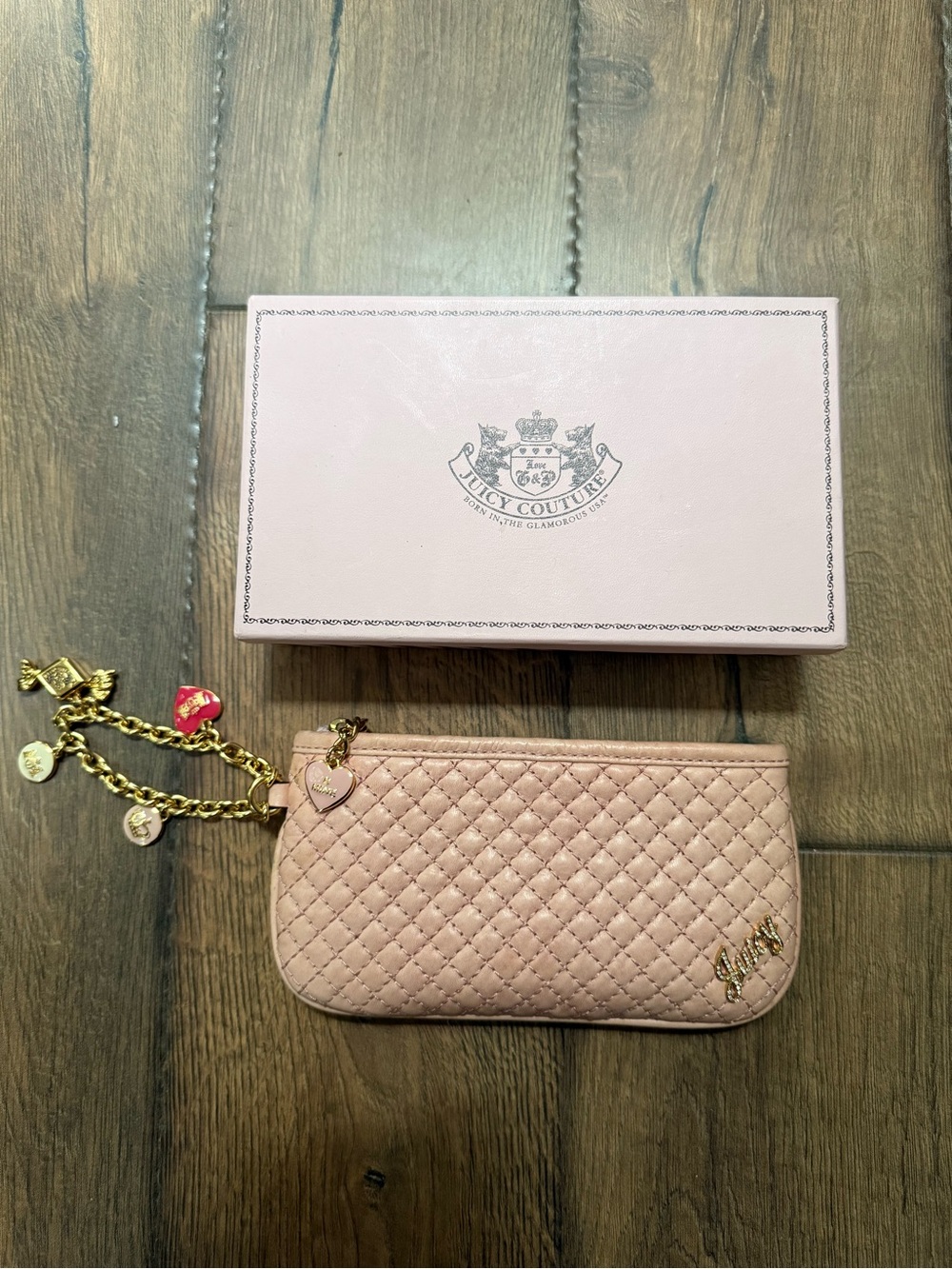 Juicy Couture Blush Pink Quilted Wristlet with Gold Charm Chain
